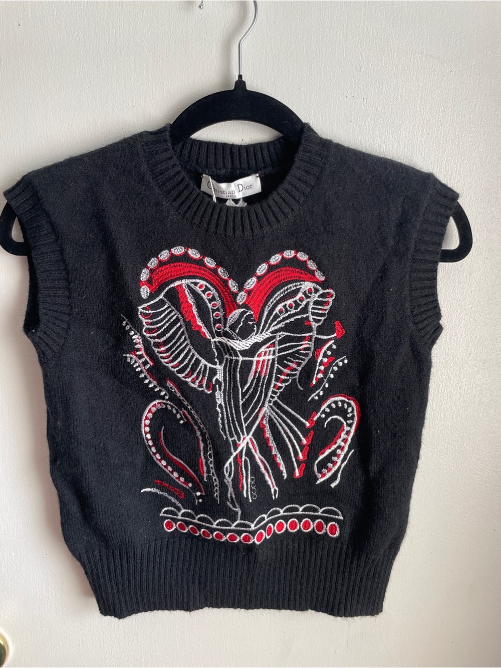 Black Sleeveless Sweater Vest with Red & White Embroidery
